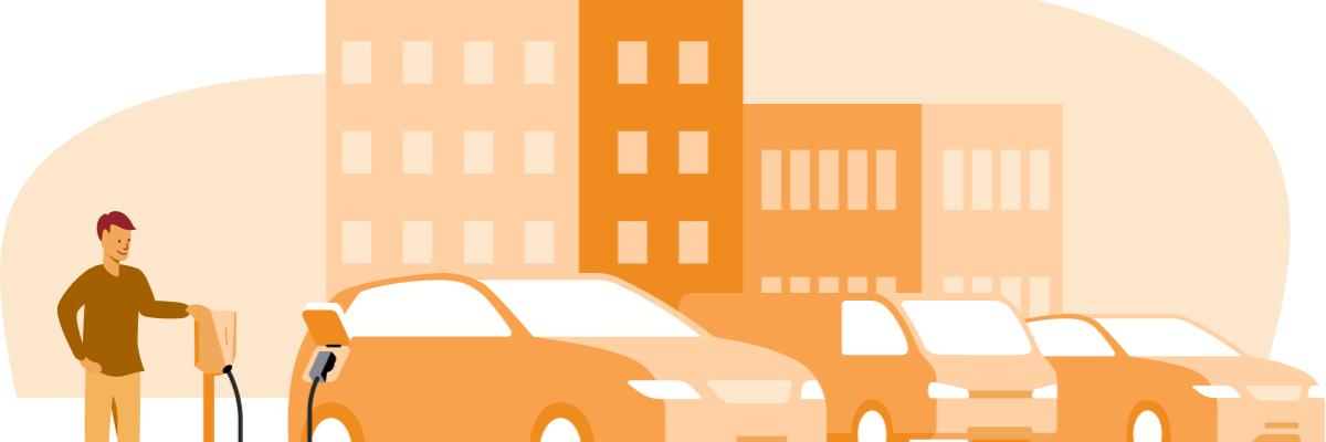 en-illustrasjon-av-tre-biler-som-star-forann-ett-kontorbygg-en-mann-starter-lading-pa-en-easee-charge-lader-pa-den-fremste-bilen