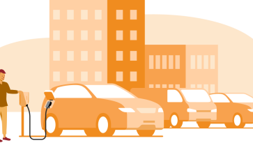 en-illustrasjon-av-tre-biler-som-star-forann-ett-kontorbygg-en-mann-starter-lading-pa-en-easee-charge-lader-pa-den-fremste-bilen